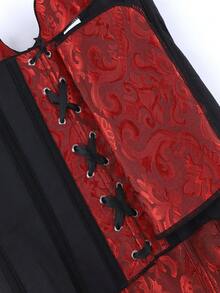Overbust Corset Bustier, Jacquard Bust-Enhancing Top, Strapless Uplifting Design, Vintage Shapewear, Waist Cincher, Underbust Corset, Lace-Up Closure For Adjustability - Red - View 7