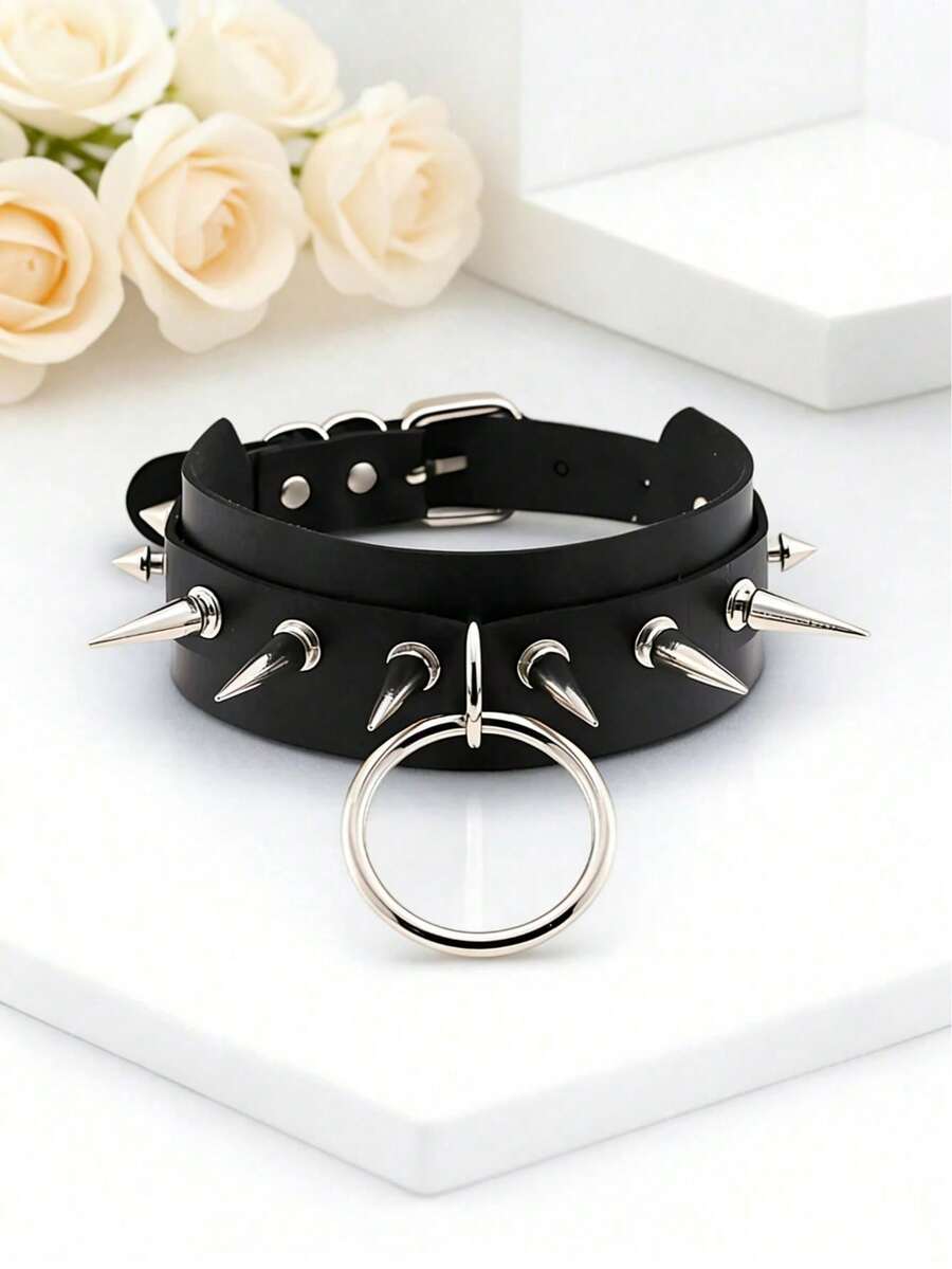 BMOR Nuevo collar gargantilla con aro exagerado estilo Harajuku, collar punk con remaches y picos para discoteca, bar, fotografía callejera - Negro - Ver 1