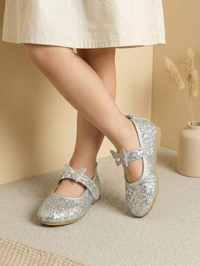 1 Pair Children's Silver Glitter Butterfly Slip-On Shoes, Hook And Loop Design For Easy On/Off, Suitable For Performances, Parties, Fashion & Elegant