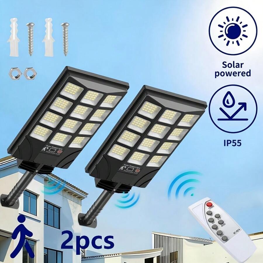 4-Pack/2-Pack Solar Street Light Outdoor With 400 LED Beads, Waterproof Induction Solar Floodlight With Remote Control, Dusk To Dawn Commercial Area Lighting Suitable For Outdoor Parking Lots, Courtyard Parks, Streets - 2只裝 - 查看 1