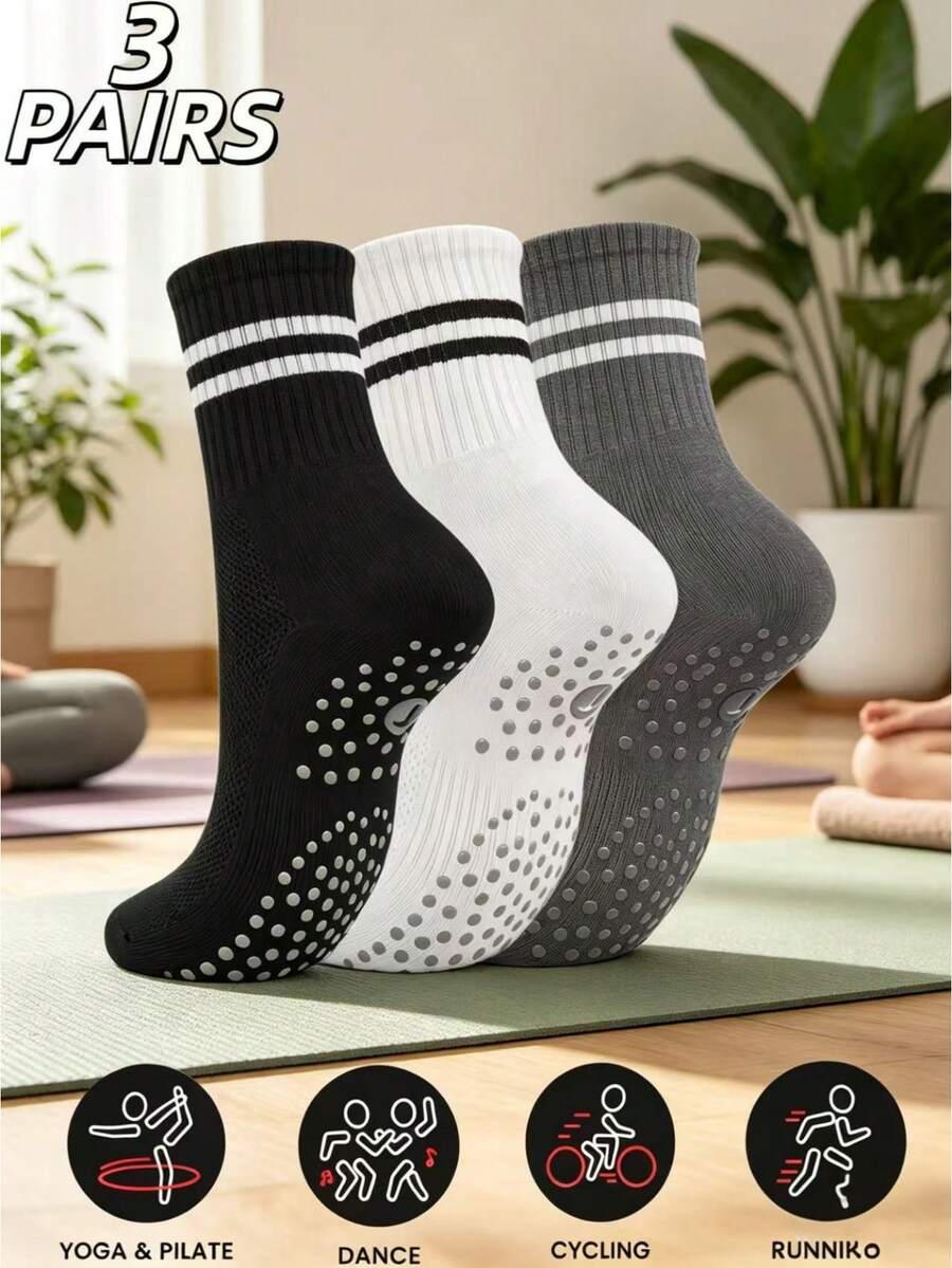 3 Pairs European And American Style Striped Yoga Socks! Simple Color Scheme, High-End And Visually Appealing, Full Bottom Anti-Slip Particles For Safety. High Elasticity, Skin-Friendly And Non-Stuffy, Suitable For Yoga Studio Training, Home Stretching And Other Scenarios. Designed Specifically For Fitness Women, Comfortable And Stylish For Sports And Daily Wear - Multicolor - View 1