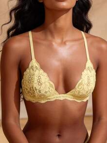 Temptuelle Holiday Season Ultra-Thin Bra, Floral Pattern Lace Bra For Small Bust Women, Soft Seamless Triangle Cup Sexy Lingerie - Yellow - View 5
