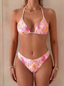 女士度假风印花挂脖三角比基尼两件套，适合海岛度假和拍照 - 彩色 - 查看 1