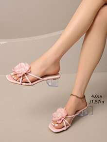 2025 Summer New French Thick Heel Faux Pearl Flower Strap Sandals, Open Toe Versatile Mid-Heel Slippers For Women - Pink - View 10