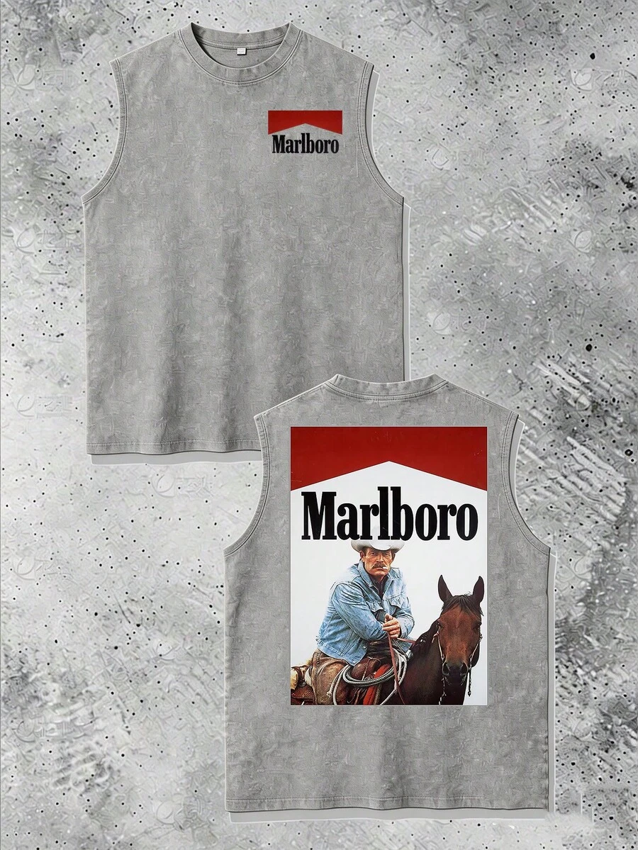 Men's Casual Crew Neck Sleeveless Washed Vest, Made Of 100% Cotton, Perfect For Summer Vacations. Features A Stylish Print And Y2K Street Style. An Excellent Gift For Boyfriends And Husbands. - Xám - Xem 1