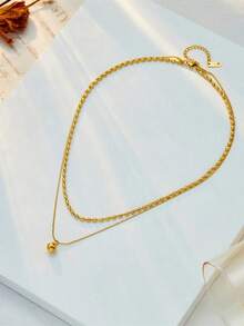 1pc Stainless Steel Double Layer Beaded Pendant Retro Style Necklace, Suitable For Daily Wear - Vàng - Xem 4