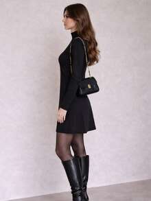 Premium Suedine Short Dress With High Ribbed Neck And Long Sleeves, Simple Fitted A-Line Style, Solid Color, Elegant, Autumn/Winter Fashion. - màu đen - Xem 3