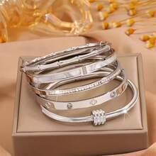 1pc Titanium Steel Rhinestone Bangle Bracelet, Bamboo Knot Shell Waist Clover Nail Star Adjustable Wristband, Non-Fading Jewelry Accessory For Women - Silver - View 6