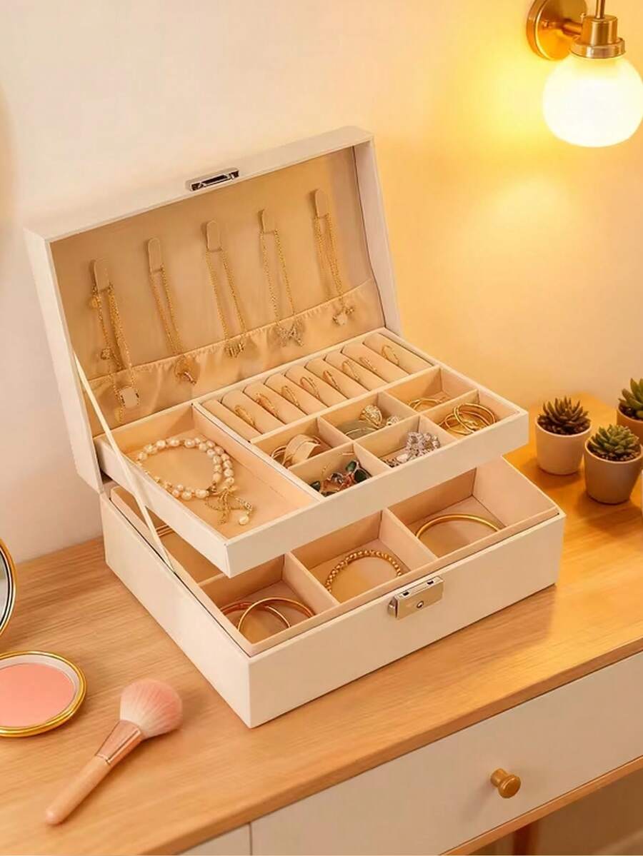 1pc Large Capacity Storage Box, Jewelry Box, Makeup Box, Vintage Leather Jewelry Box With Lock And Key, Dual Layer Desktop Storage Box, Suitable For Women's Accessories, Soft Velvet Lining, Multifunctional Storage For Earrings, Bracelets, Rings, Necklaces, Ideal Gift For Valentine's Day, Christmas, Birthday, Jewelry Box, Home Jewelry Storage Box, Travel Storage Box, Exquisite Mini Earring Storage Box, Travel Jewelry Zipper Case - Multicolor - View 1