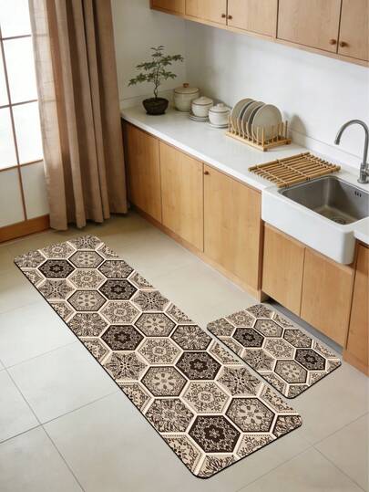 1 pieza Alfombra de gel de sílice para la cocina, con patrón de azulejos hexagonales en tonos de café oscuro y claro, crema, diseño de flores y hojas en estilo mosaico, con estilo retro marroquí/europeo, acolchada y antifatiga, lujosa y elegante
