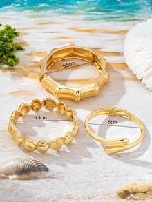3pcs/Set Minimalist Gold-Plated Bamboo Knot & Seashell Asymmetrical Water Drop Thick Bracelet Set, Suitable For Women, Coarse Texture Smooth Heavy Metal And Zinc Alloy Material Bracelet Set, Beach Resort European And American Style - Yellow Gold - View 3