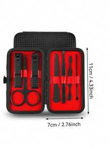 7pcs Stainless Steel Manicure Set, Matte Black Professional Pedicure & Nail Care Tools Kit, With Red Lining Storage Box, Including Nail Clipper, Scissors, Tweezers, Nail File, Cuticle Pusher & Ear Pick, Compact & Portable, Suitable For Men & Women Daily Care, Travel, Home Use, Perfect Gift For Family, Friends & Colleagues - Multicolor - View 7