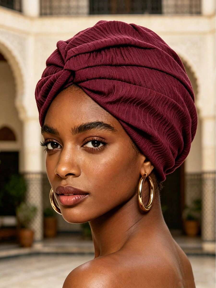 Bộ 1 mũ xếp ly họa tiết trơn màu dành cho nữ - Lấy cảm hứng từ phong cách Boho, mũ turban họa tiết màu đỏ tía dành cho nữ, mũ thắt nút sẵn, mũ turban xếp ly co giãn dành cho người đang hóa trị, người bị rụng tóc, khăn trùm đầu kiểu châu Phi, mũ thời trang để đội hàng ngày và dự tiệc, mùa hè, đi biển, nghỉ lễ, du lịch. - Nhiều màu - Xem 1