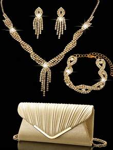 Rhinestone Jewelry Necklace Earrings Bracelets Set For Luxury Sparkling Rhinestone Clutch Bag Clutch Bag For Party, Romantic Wedding, Spring/Summer Chain Shoulder Bag, Bride Bag, Formal Prom Clutch, Elegant Evening Dress Bag, Perfect For Party Wedding Prom Dinner/Banquet, Matching With Holiday Party Dress - Gold - View 13