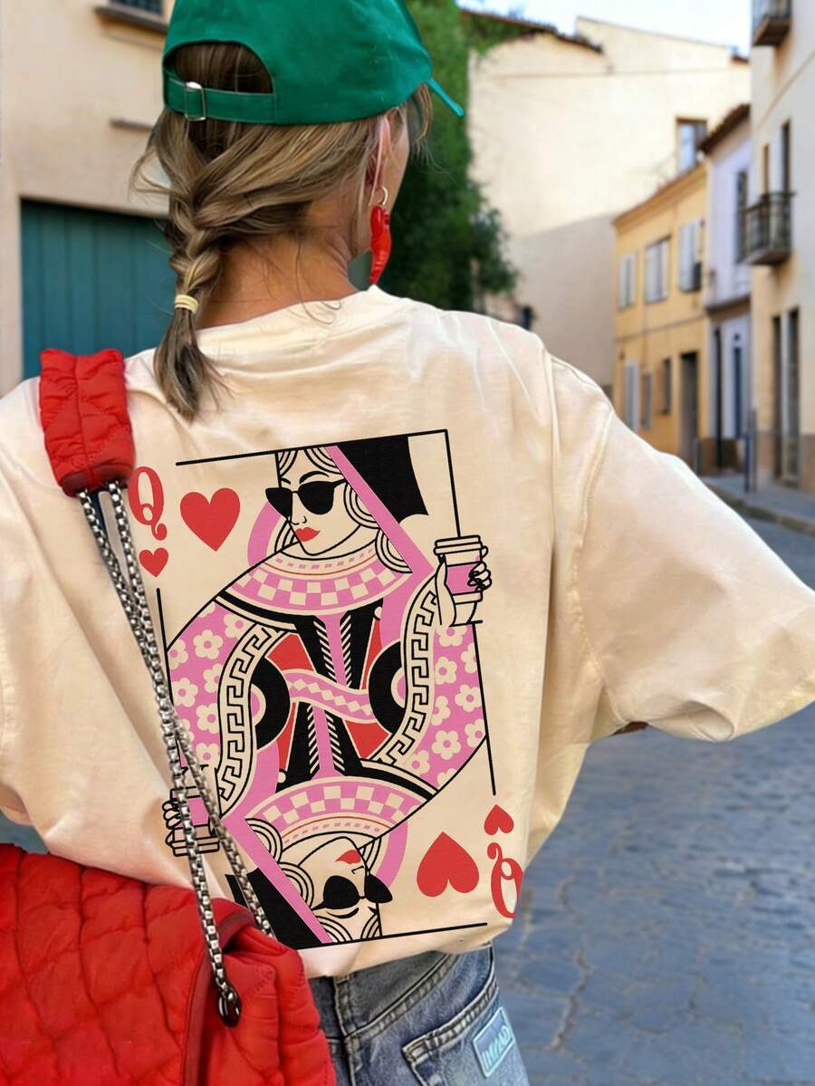 夏季新款休闲趣味红心皇后印花宽松圆领短袖T恤，时尚百搭女式上衣 - 杏色 - 查看 1