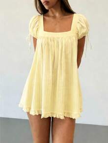 Short Sleeve Maternity Dress For Women Square Neck A-Line Mini Ruffled Dresses For Daily Shopping Office Travel - amarillo claro - Ver 2
