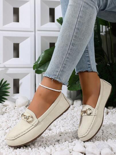 Women's Summer New Flat Loafers, Metal Buckle Decor, Fashion Versatile Slip-On, Comfortable For Casual, Travel, Vacation Wear
