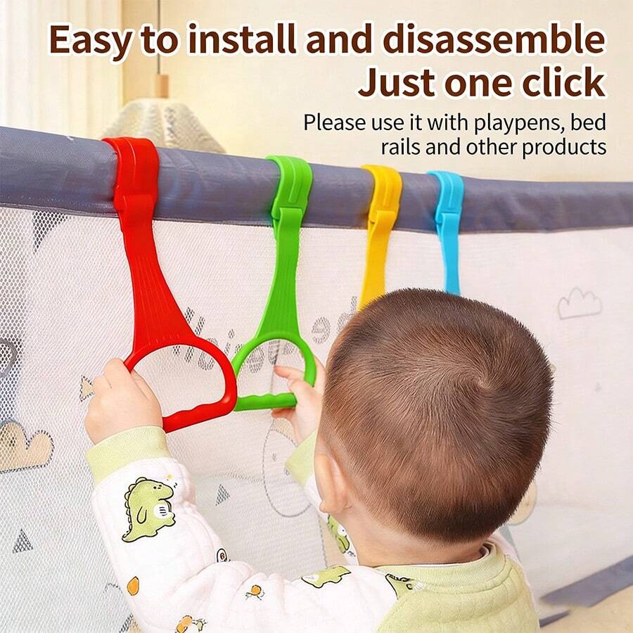 4 piezas Anillos de agarre para cuna de bebé, Barandilla de soporte para caminar de pie para niños pequeños, Accesorios para corralito, Anillos de agarre para corralito de bebé, Anillos de asistencia para andador de bebé - Multicolor - Ver 1