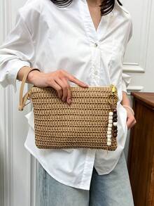 Beaded Flower Decor Straw Clutch Envelope Bag, Beach Style Zipper Wristlet, Beach Photo Prop, Woven Daily Commute Organizer Pouch, Beach Carry-All Phone Bag - Khaki - View 10