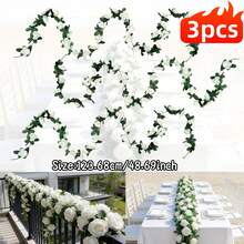 3 piezas Enredadera de rosas artificiales extra largas - Hojas y rosas de plástico realistas, decoración colgante para bodas, aniversarios, centros de mesa para el hogar, chimenea y comedor, sin mantenimiento, decoración de mesa navideña - Blanco - Ver 9