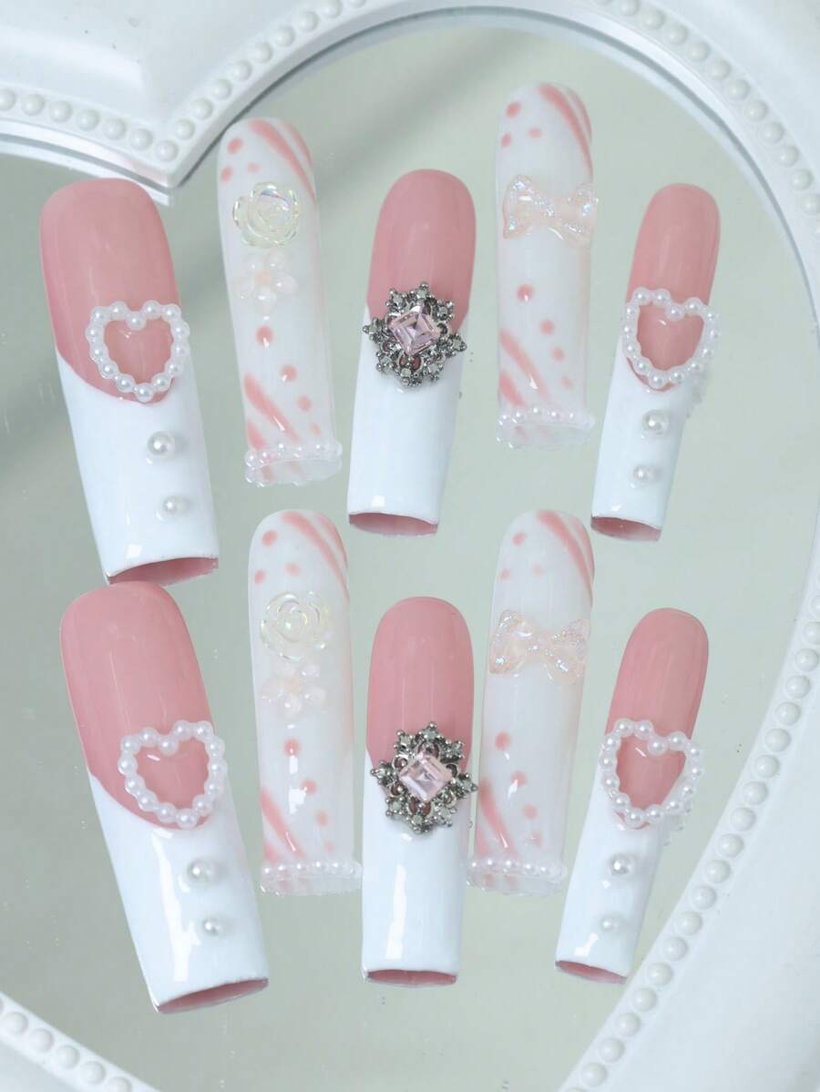 CrystalHola Acrylic Faux Pearl Decorated Nails, Ins Style - Multicolor - View 1
