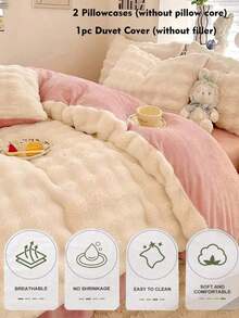 3pcs Cream White Plush Crystal Velvet Duvet Cover Set, Suitable For Bedroom, Warm Duvet Cover & Pillow Case, Machine Washable - 白色 - 查看 5