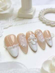 10pcs Handmade Wearable Nails, French Soft Apricot Camellia Pearl False Nails, Handmade Medium Almond Nails, Commute & Date Whitening Removable Press-On Nail Stickers - Multicolor - View 3