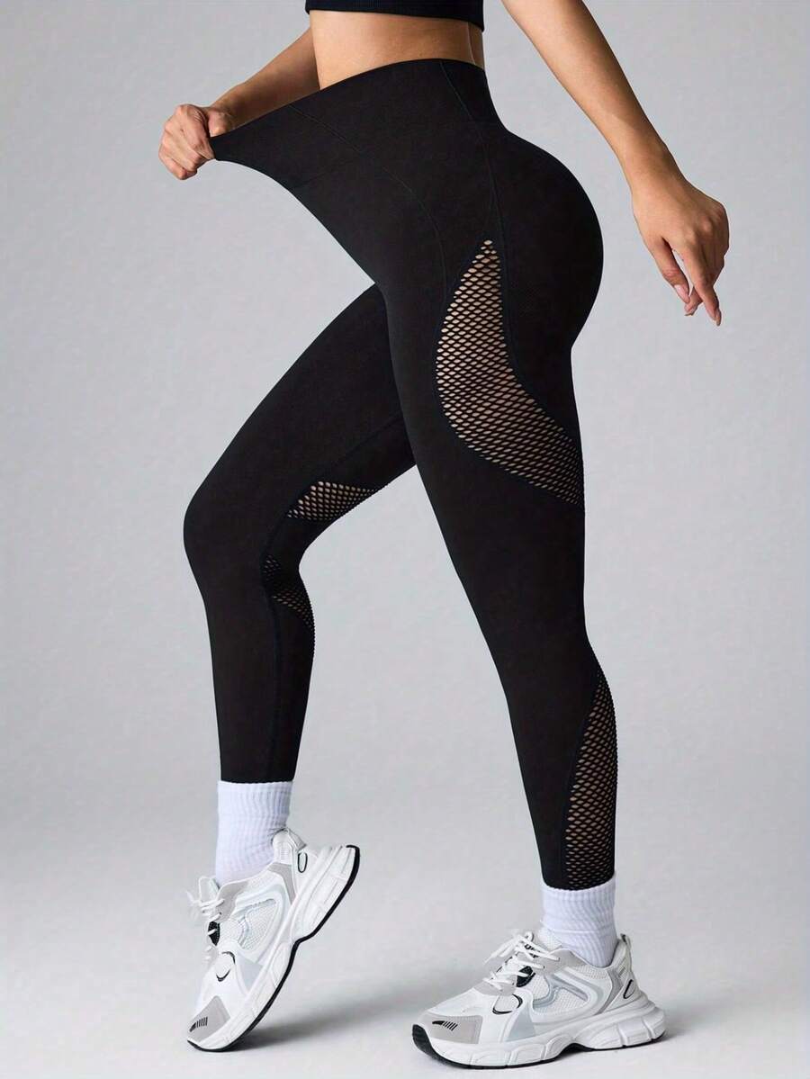 Quần thể thao yoga, tập thể dục không đường may, co giãn cao, có các mảng lưới thoáng khí. - màu đen - Xem 1
