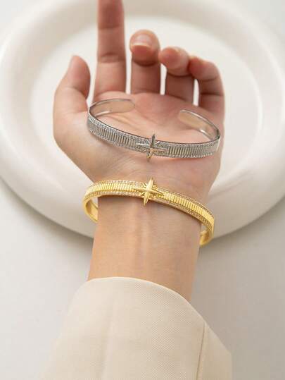 1pc Fashionable Cubic Zirconia Octagonal Bangle, Luxury Striped Design Elegant Everyday Jewelry For Women