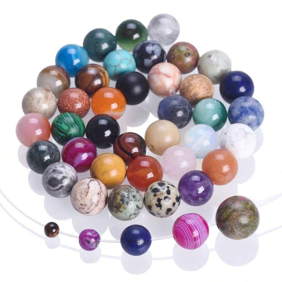 10颗天然宝石,包括粉晶、白水晶、黑曜石、虎眼石,优雅的DIY首饰制作珠子,完美礼物 - 彩色 - 查看 1