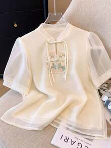 New Chinese-Style National Wind Embroidered Chiffon Shirt For Women, Spring And Summer Top, Elegant Women's Blouse - Apricot - View 2