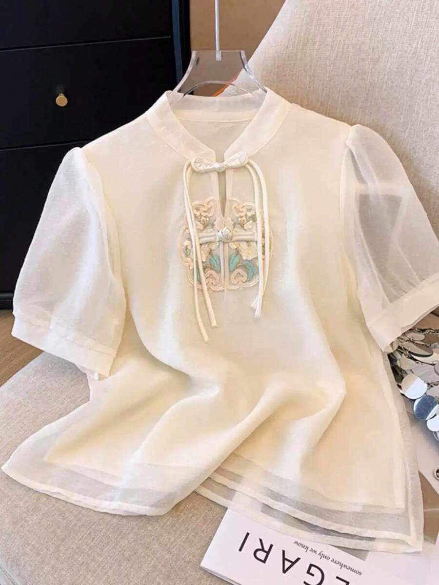 New Chinese Style Embroidered Women's Blouse, Stand Collar Button-Up Short Sleeve Shirt, Suitable For Daily Wear - Apricot - View 1