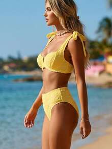 2026 New Yellow Jacquard Textured Plus Size Bikini Set, Sexy Underwire Tie Shoulder Bikini Top With High Waist Bottom, Women's Tummy Control 2 Piece Bathing Suit, Exotic Island Resort Wear, Elegant Pool Party Biquini, Versatile Beach Outfit - 黃色 - 查看 8