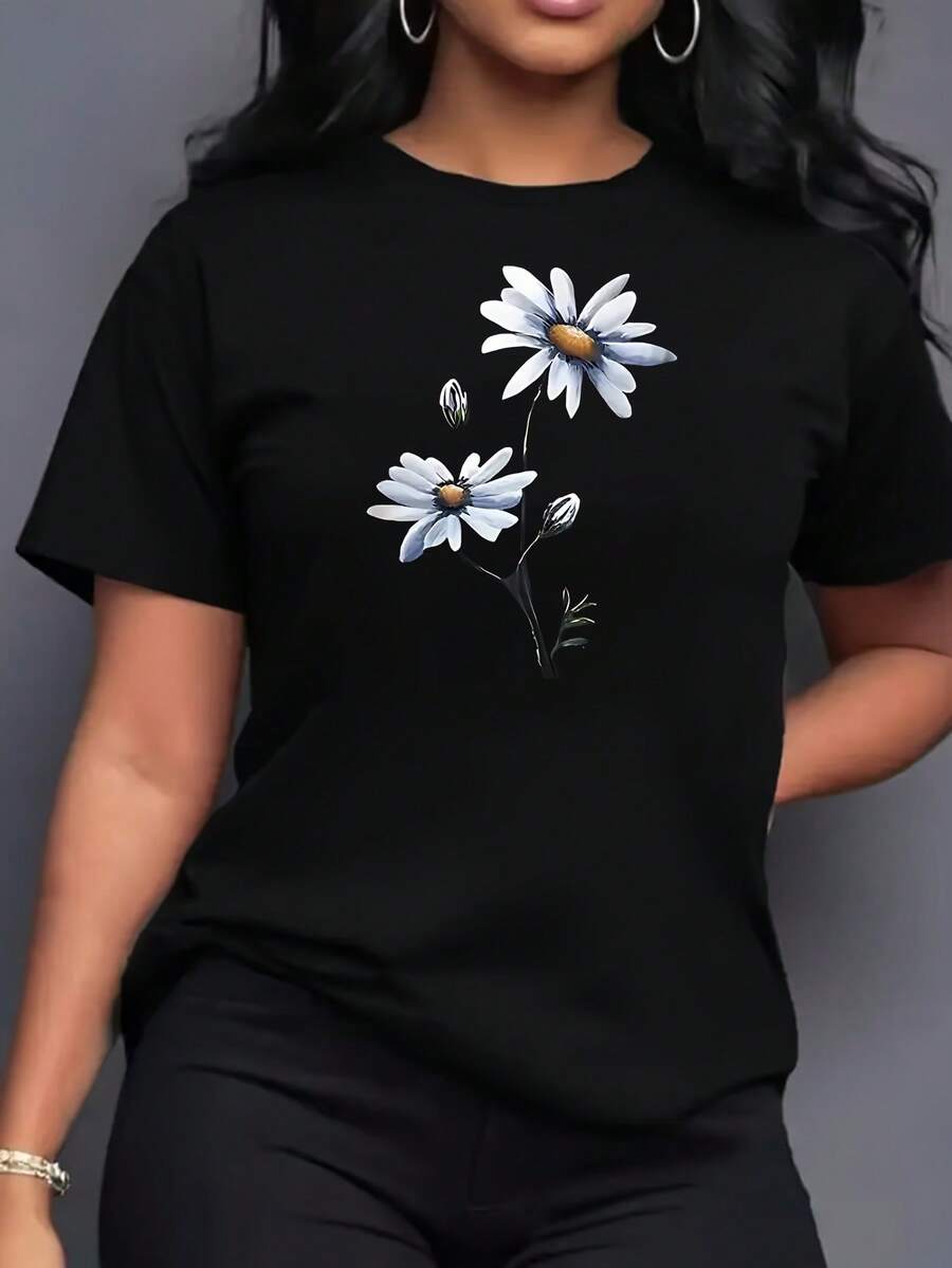 Women's T-Shirt With Two Daisy Print, Short Sleeve, Sporty Style, Vintage Print, Urban Style, Unisex, Loose Fit, Cotton, Round Neck - 黑色 - 查看 1
