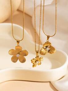 1 pieza Elegante collar con colgante de flor chapado en oro de acero inoxidable, adecuado para uso casual, personalizado, moda, fiesta, vacaciones, San Valentín, Navidad, Año Nuevo, regalo de cumpleaños para mujer - Dorado - Ver 3