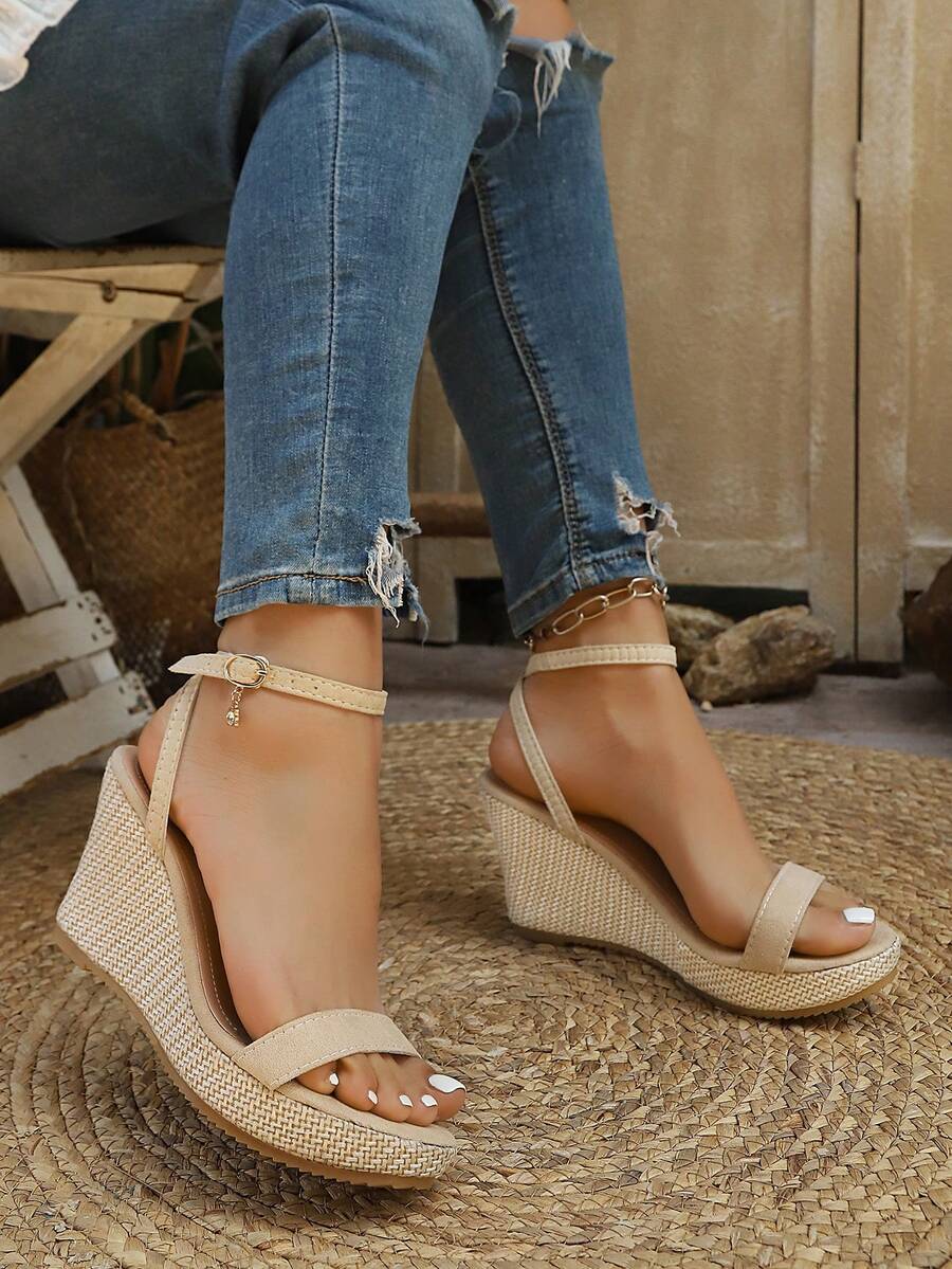 女士夏季新款舒适时尚百搭凉鞋，踝带凉鞋，海滩度假风，适合长时间穿着，尽显优雅气质，厚底坡跟凉鞋，多功能厚底坡跟凉鞋，增高显瘦