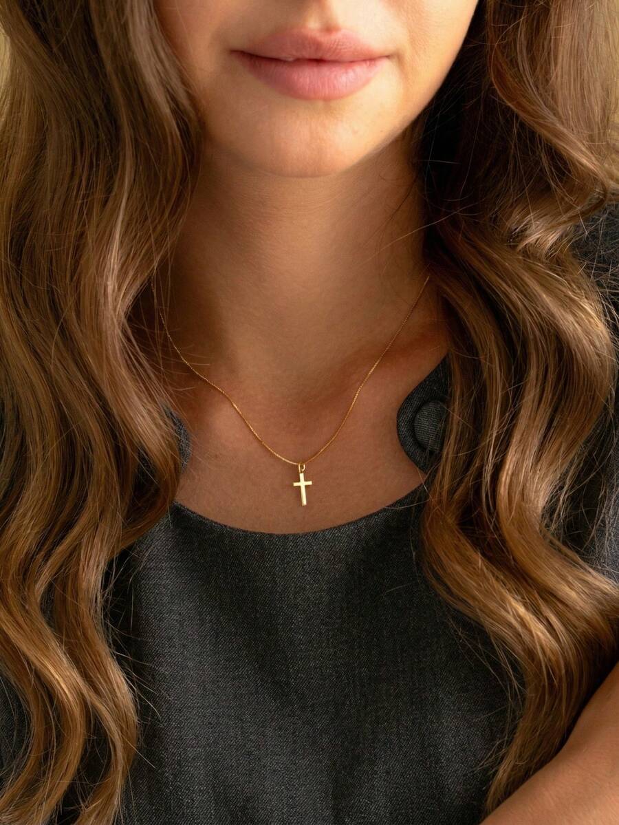 1 pieza Exquisito collar con colgante de cruz con baño de oro de 18K, collar de cadena religioso adecuado para playa, verano y uso diario de mujeres - cruz - Ver 1