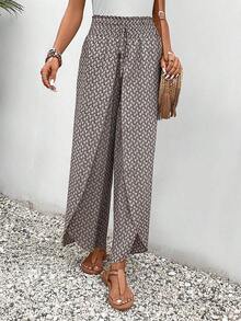Frenchy Allover Print Knot Waist Tulip Hem Wide Leg Baggy Cross Over Pants Winter Chic Brown Casual Spring - Màu Khaki - Xem 6