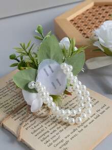 Set di polsini con fiori di rosa per matrimoni, corsage da polso con catena di perle per spose, damigelle, balli di fine anno, cerimonie di premiazione, feste di anniversario, cene formali, feste in spiaggia e accessori fotografici, adatto per l'estate - Multicolore - Visualizzare 6
