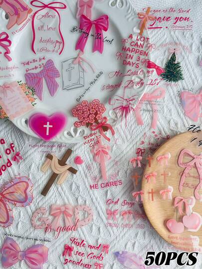 50/100pcs Set Of Pink Bow With Black Edges Transparent Bible Stickers For Laptops, Scrapbooks, And Luggage Decoration – DIY Stickers