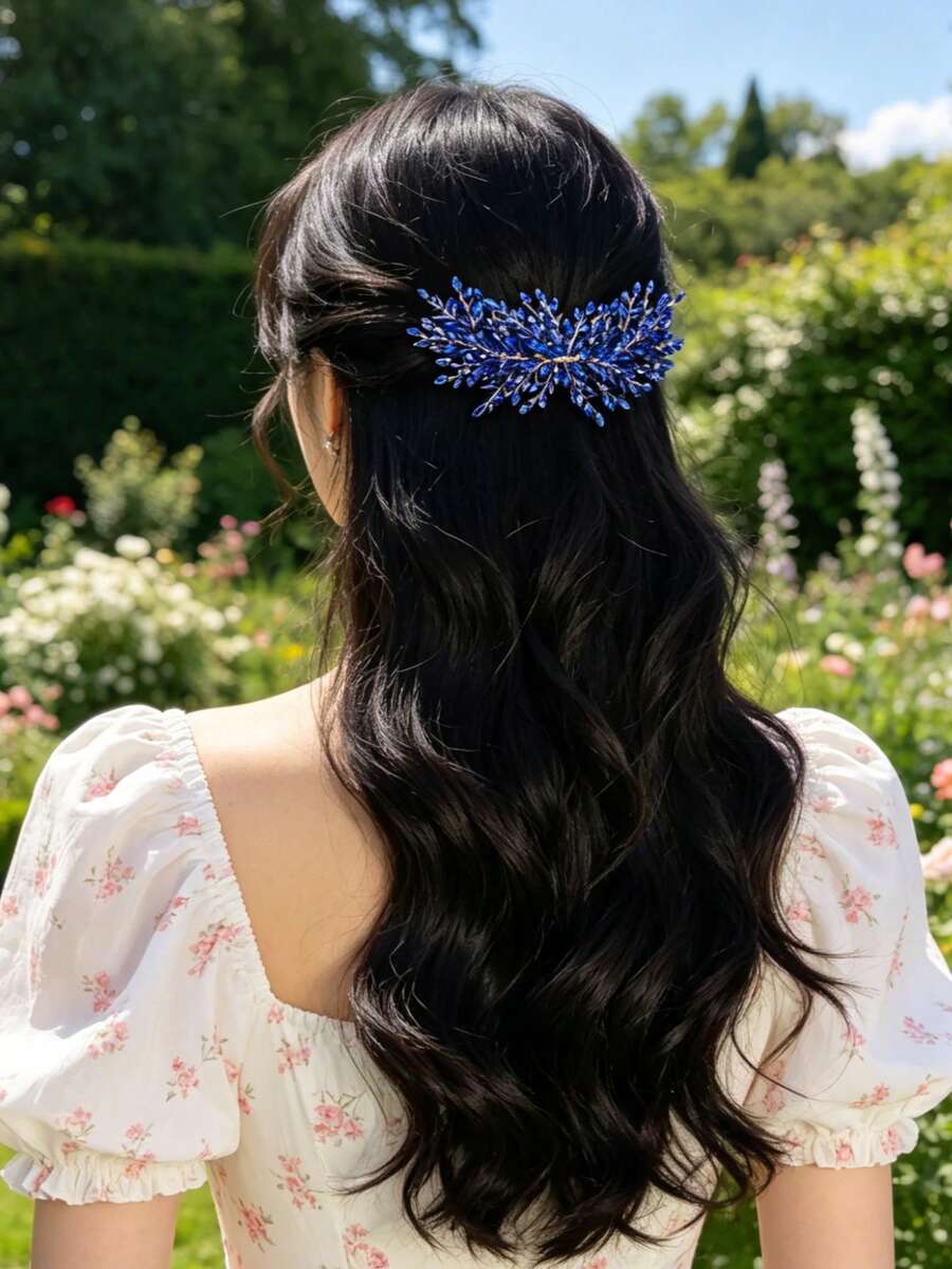 1件女士手工编织金色奢华发梳，浪漫红色活力闪亮银色新娘婚礼配饰，闪耀水晶饰品，夏季，海滩 - 藍色 - 查看 1