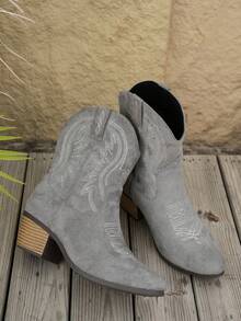 女士时尚百搭新款刺绣坡跟套脚靴 - 灰色 - 查看 5