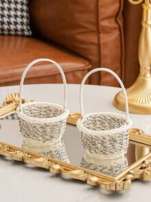 1pc Plastic Storage Basket, Creative Mini Two Tone Woven Design Storage Basket For Desk Decoration - View 11