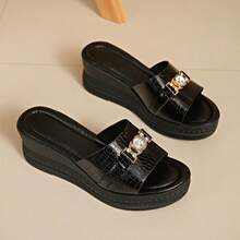 Sandalias de cuña con tacón de plataforma abierta con decoración de strass, cómodas sandalias de verano con suela de cuña para uso diario, con estampado de cocodrilo negro - Negro - Ver 6