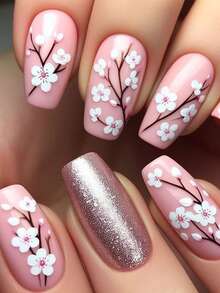 SWEET TREND 5D樱花美甲贴纸2片装，渐变绽放的白色粉色樱花花瓣，日韩春夏花卉印花，DIY时尚浪漫婚礼自粘凝胶指甲油贴纸，滑动式美甲装饰 - 彩色 - 查看 4