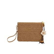 Beaded Flower Decor Straw Clutch Envelope Bag, Beach Style Zipper Wristlet, Beach Photo Prop, Woven Daily Commute Organizer Pouch, Beach Carry-All Phone Bag - Khaki - View 14