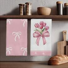 2 Peças Toalhas de Cozinha com Estampa de Tulipa e Laço Rosa, Design de Laço de Tulipa, Panos de Prato, Decoração para Casa, Presente para Família e Amigos, Amantes de Plantas, Super Macios e Absorventes, Panos de Limpeza, Toalhas de Chá para Cozinhar e Assar, Toalhas de Mão, Presente para Amigos, Acessórios de Cozinha, Necessidades Diárias - Retangular - Visão 2