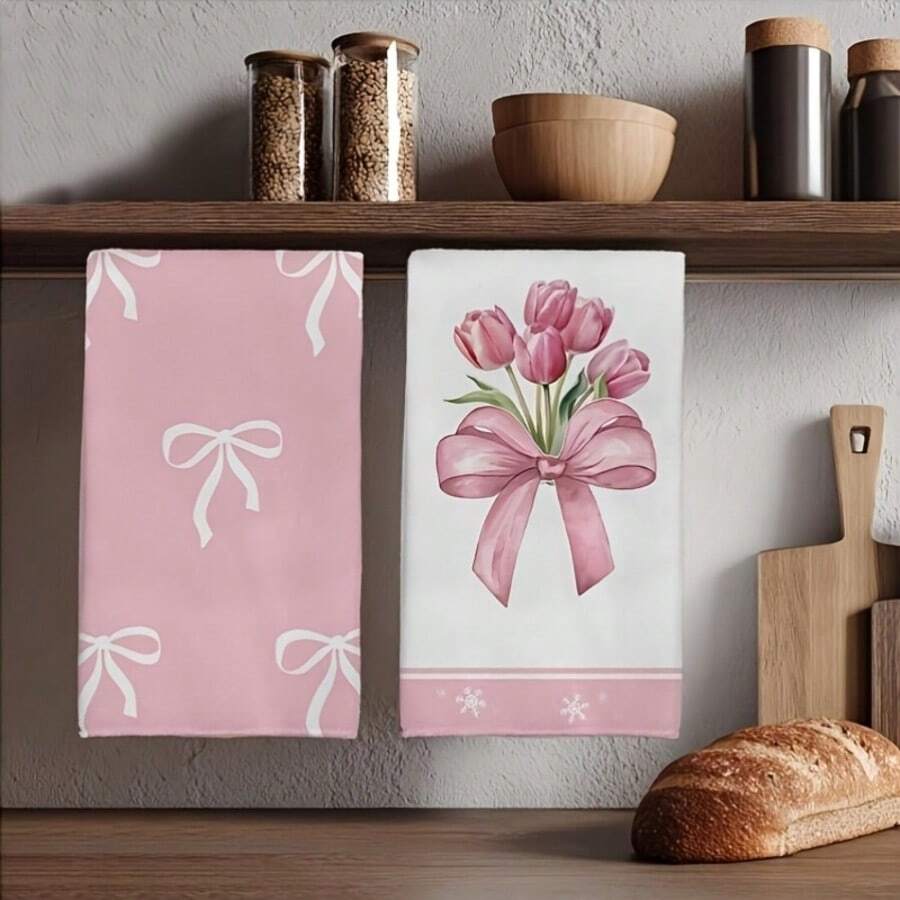 2 Peças Toalhas de Cozinha com Estampa de Tulipa e Laço Rosa, Design de Laço de Tulipa, Panos de Prato, Decoração para Casa, Presente para Família e Amigos, Amantes de Plantas, Super Macios e Absorventes, Panos de Limpeza, Toalhas de Chá para Cozinhar e Assar, Toalhas de Mão, Presente para Amigos, Acessórios de Cozinha, Necessidades Diárias