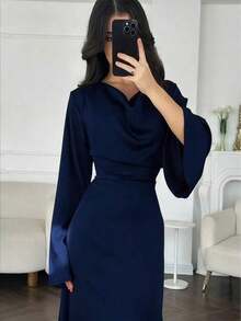 Women's Elegant Solid Navy Blue Silky Satin Cowl Neck Long Sleeve Flared Batwing Sleeve Cinched Waist Bodycon Fitted Maxi Dress, Old Money Aesthetic French Vintage Formal Evening Gown For Wedding Guest Date Night Prom Cocktail Party Office Commute Streetwear Photography Plus Size - 酒紅色 - 查看 5