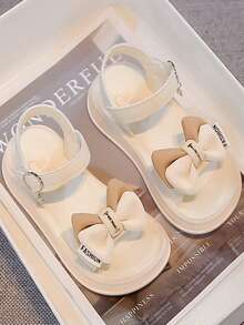 米色蝴蝶结儿童凉鞋，魔术贴加厚软底女童沙滩鞋 - 米色 - 查看 5